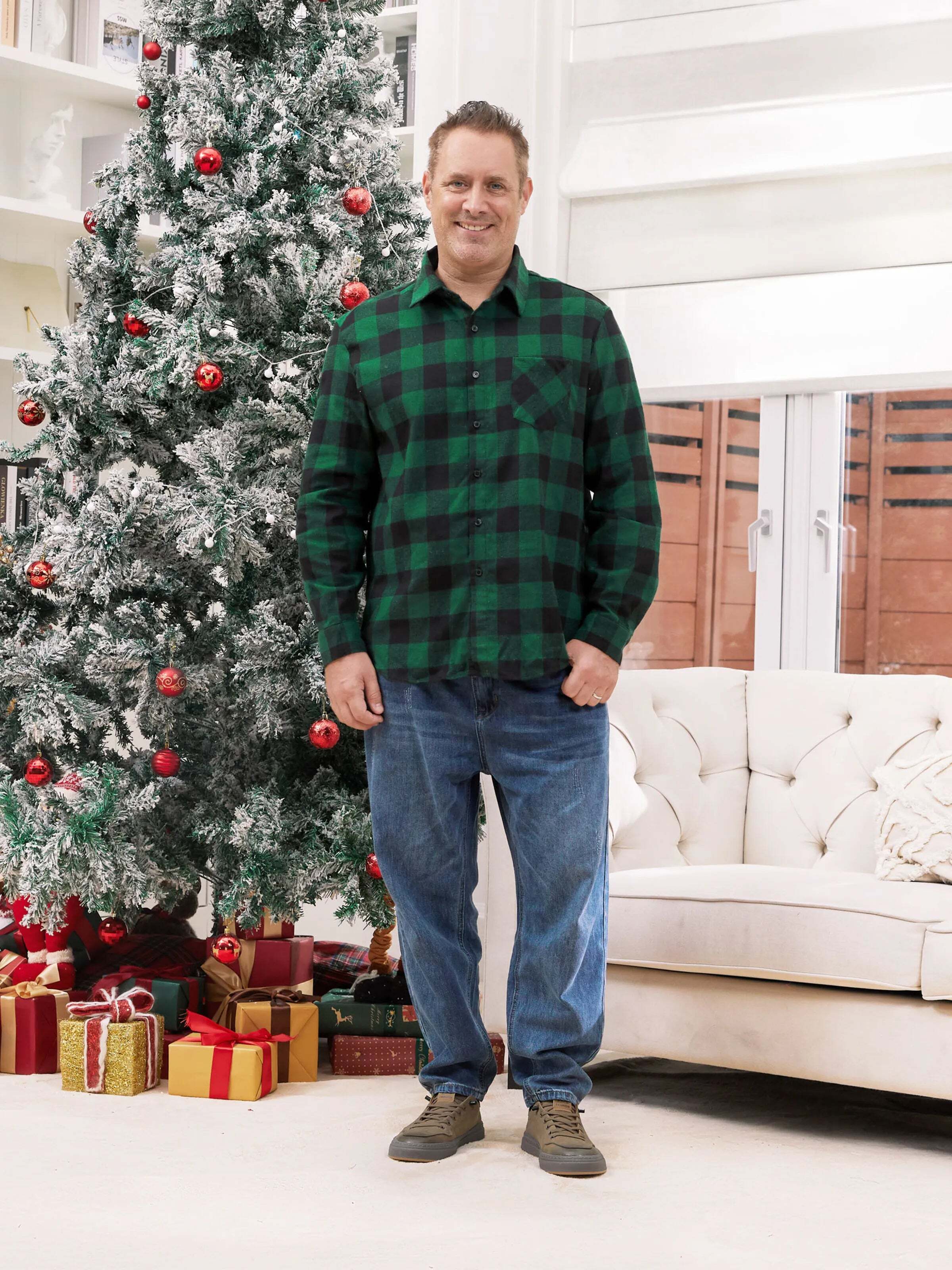 Family Matching Sets Green Plaid Long Sleeves Shirt or Tulle Mesh Dress DarkGreen