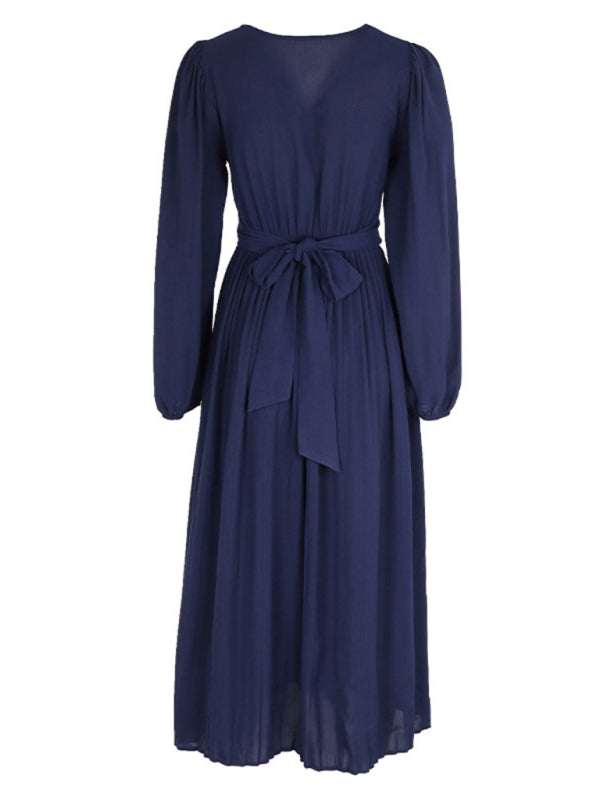 Solid Color Waist Bandage Slit Long Sleeve Dress