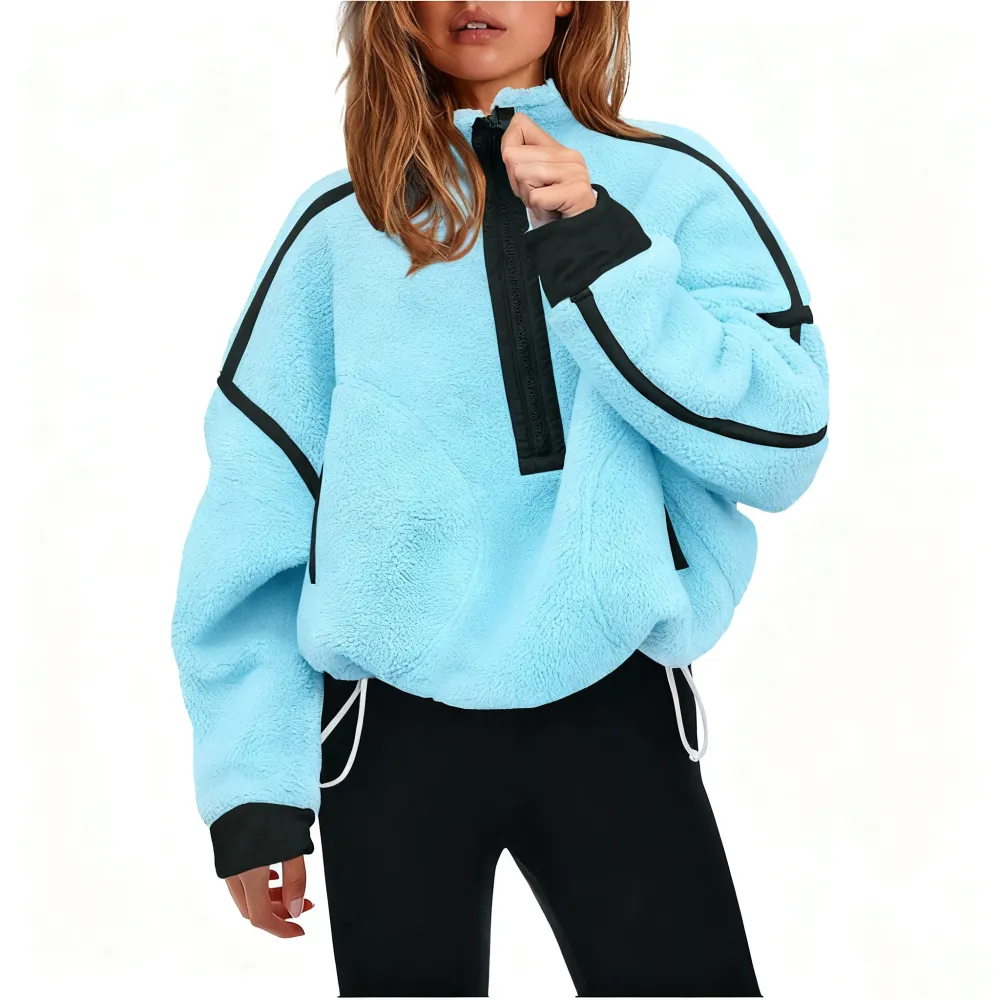 Women Sherpa Fleece Warm Oversized Half Zip Sweater