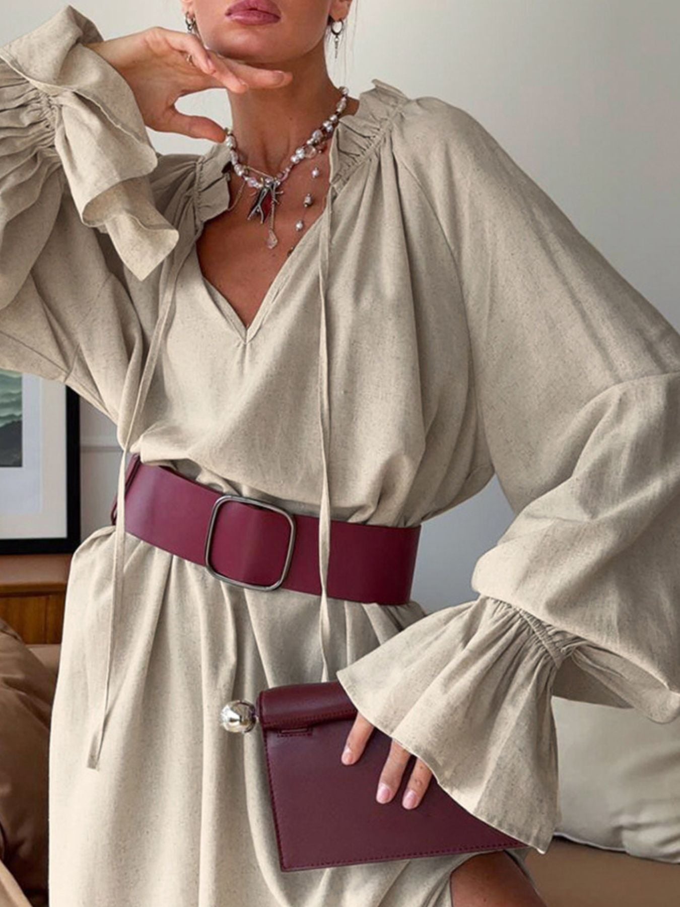 Tie Neck Flounce Sleeve Maxi Dress