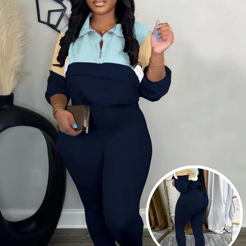 Women’s Colorblock Knit Tracksuit Set – Zip Jacket & Elastic Waist Pants