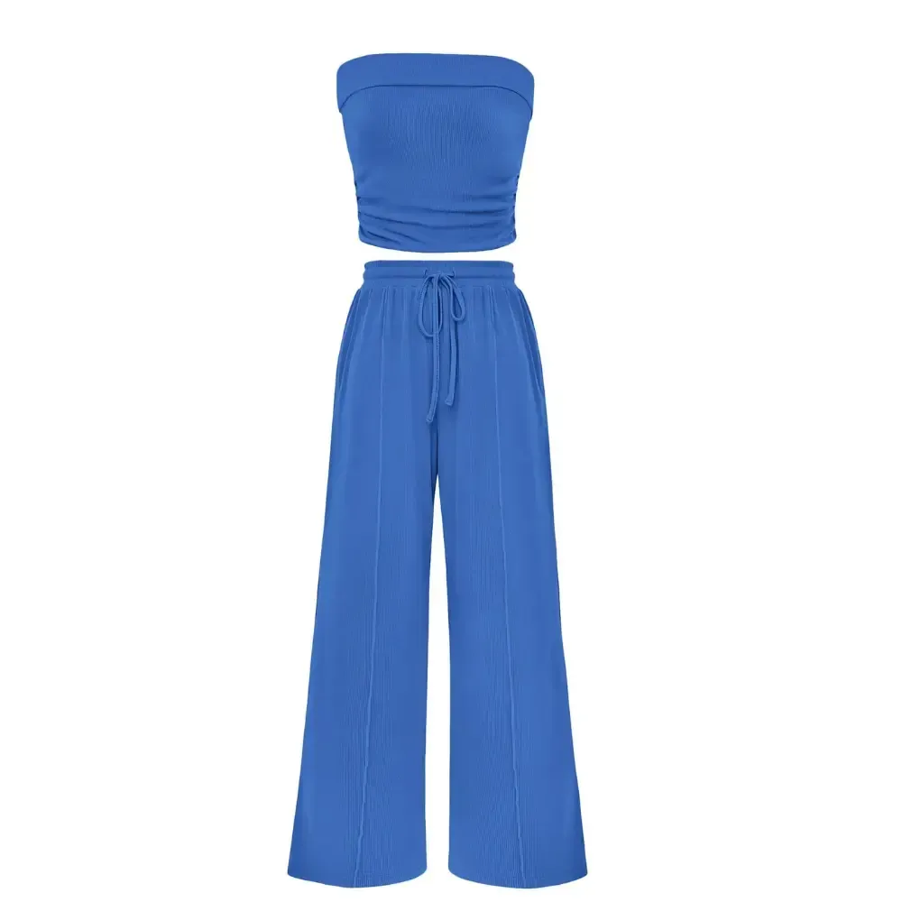 Womens Summer Outfits 2 Piece Sets Casual Ribbed Knit Crop Tube Top Wide Leg Pants