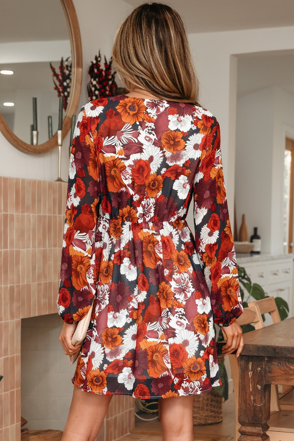 Floral Print Wrap V Neck Puff Sleeve Flowy Mini Dress