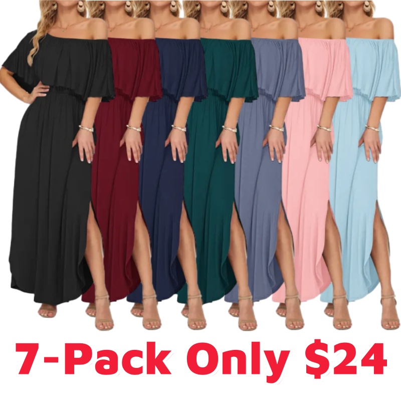 Women's Off The Shoulder Dress Wedding Guest Dress Summer Casual Long Ruffle Party Side Split Beach Maxi Dresses with Pockets