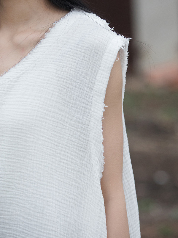 Fringed Pleated Solid Color Split-Joint Loose Sleeveless V-Neck Vest Top