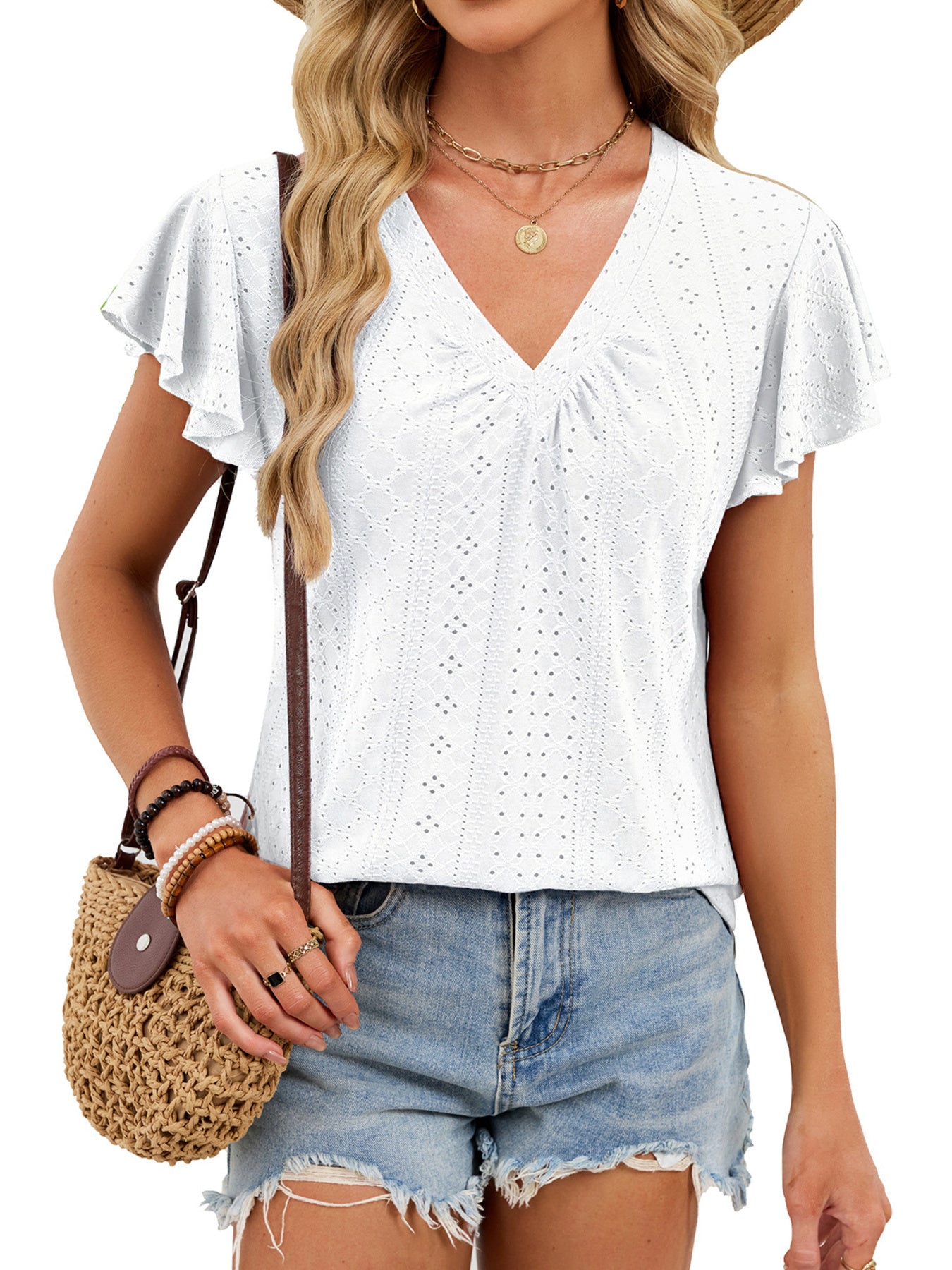 V-Neck Flutter Sleeve T-Shirt