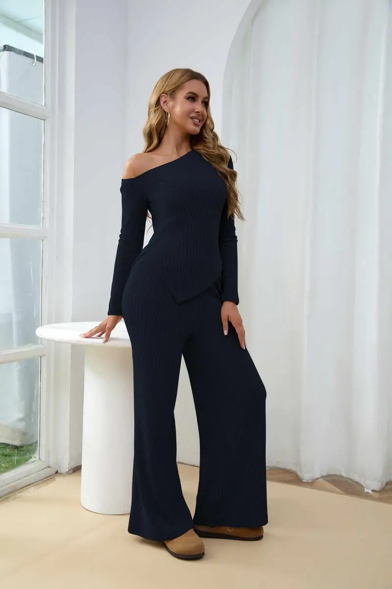 Chic Sherpa Set for Women Asymmetric Shoulder Top & High Waist Wide Leg Pants