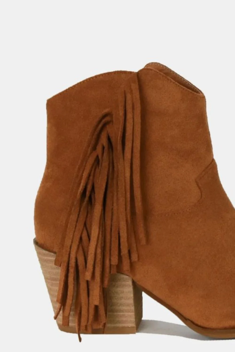 Suede Fringe Point Toe Ankle Boots in Caramel