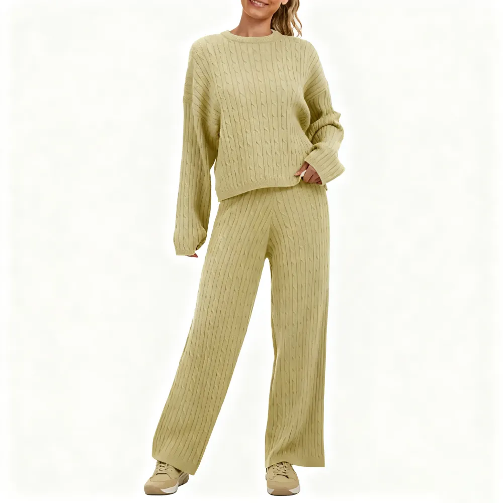 Women's Cable KnitBLACK FRIDAYSweater Lounge Set-Long Sleeve Pullover Top &High-Waisted Wide Leg Pants, Cozy 2-PieceOutfit for Fall & Winter
