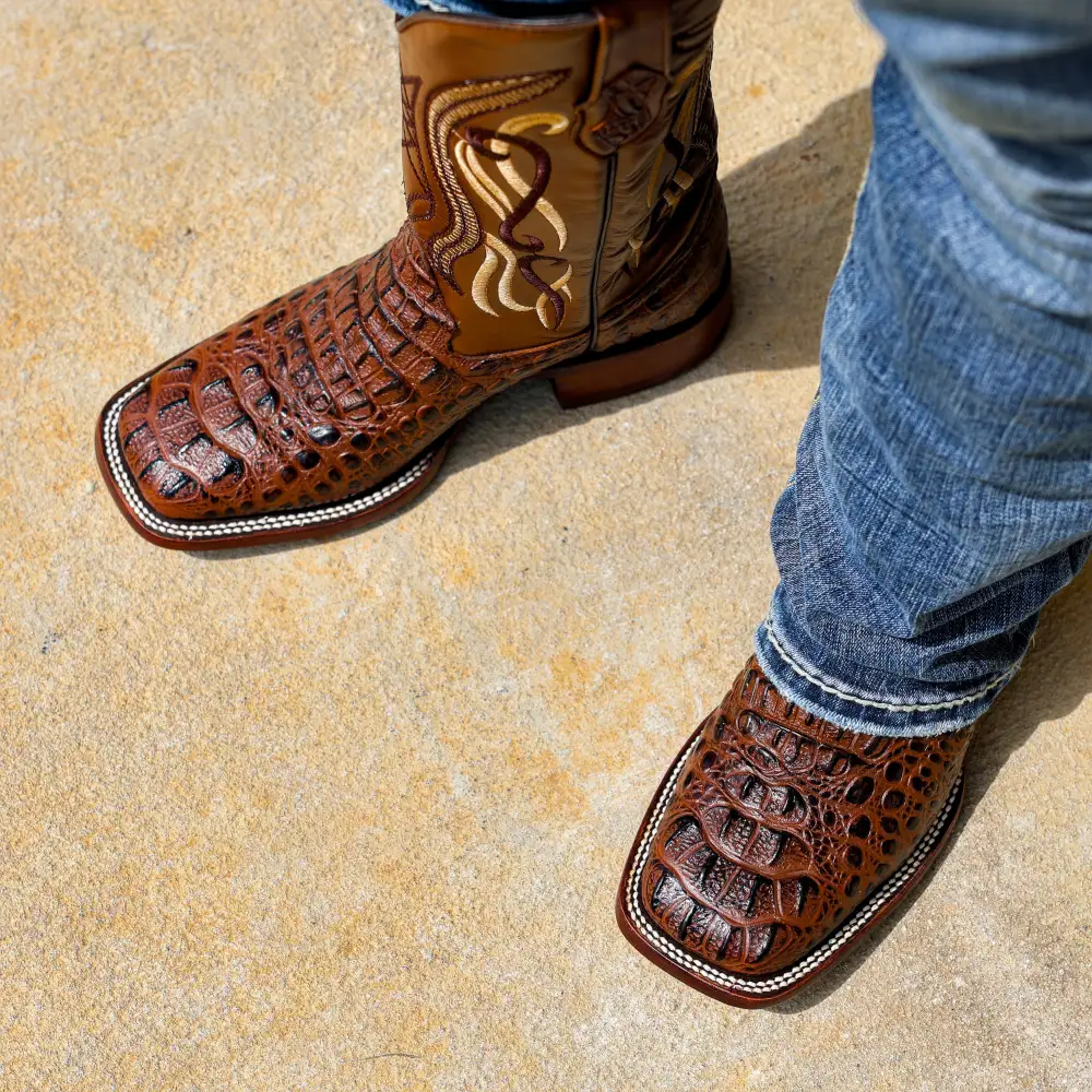 Brown Caiman Neck Leather Boots - Square Toe