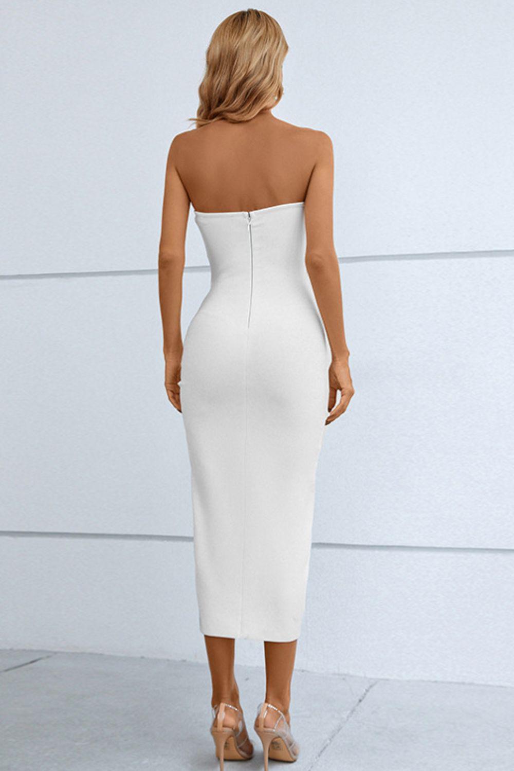 Cutout Strapless Drawstring Detail Split Bandage Midi Dress
