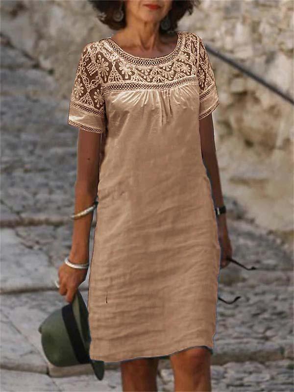 Women Round neck short sleeve embroidered hollow cotton and linen dress
