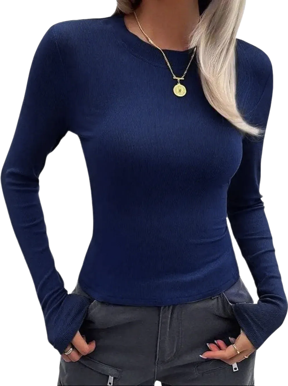 Women Long Sleeve Stretch Slim Round Neck Ribbed Basic Top