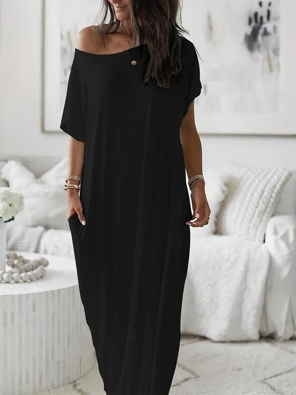 Women's Solid Color Batwing Sleeve Lounge Dress, Casual Comfy Short Sleeve Nightdress for Daily Wear