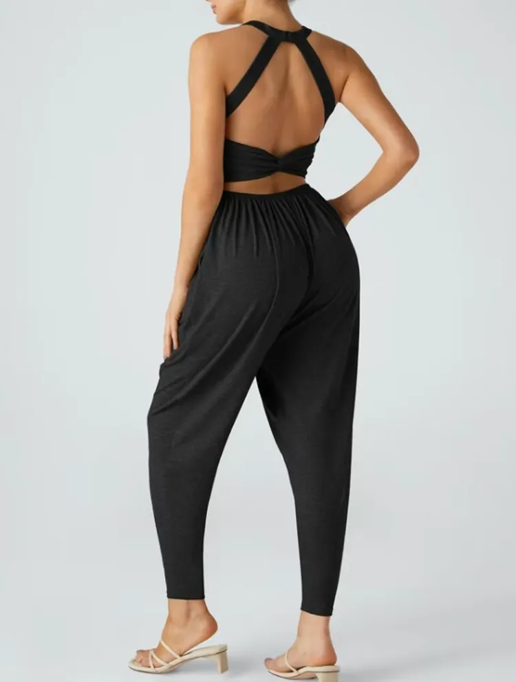 💝Women's Backless Twisted U-Neck Harem Jumpsuit with Pockets