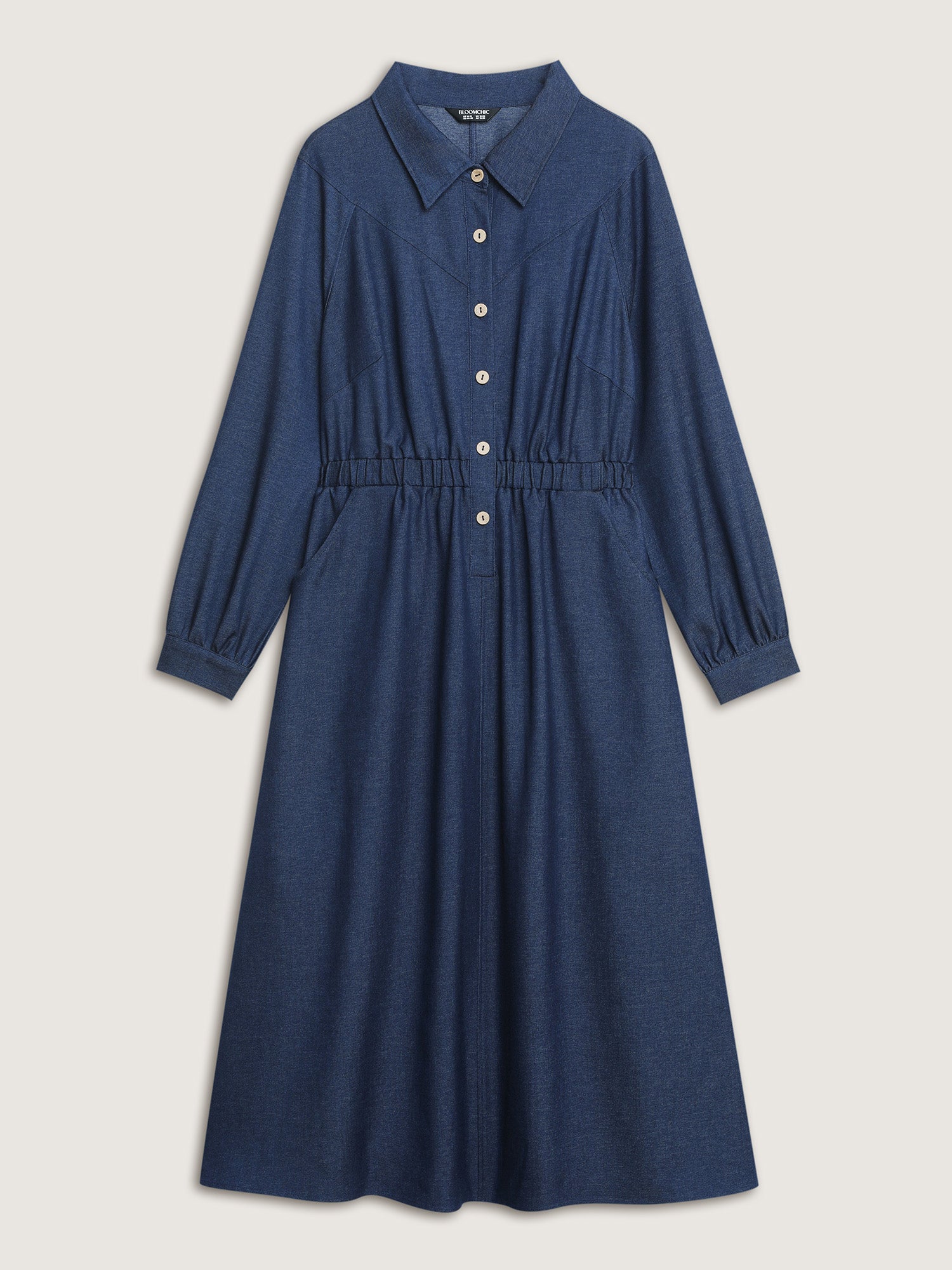 Stretchy Waist Slit Denim-Like Midi Dress