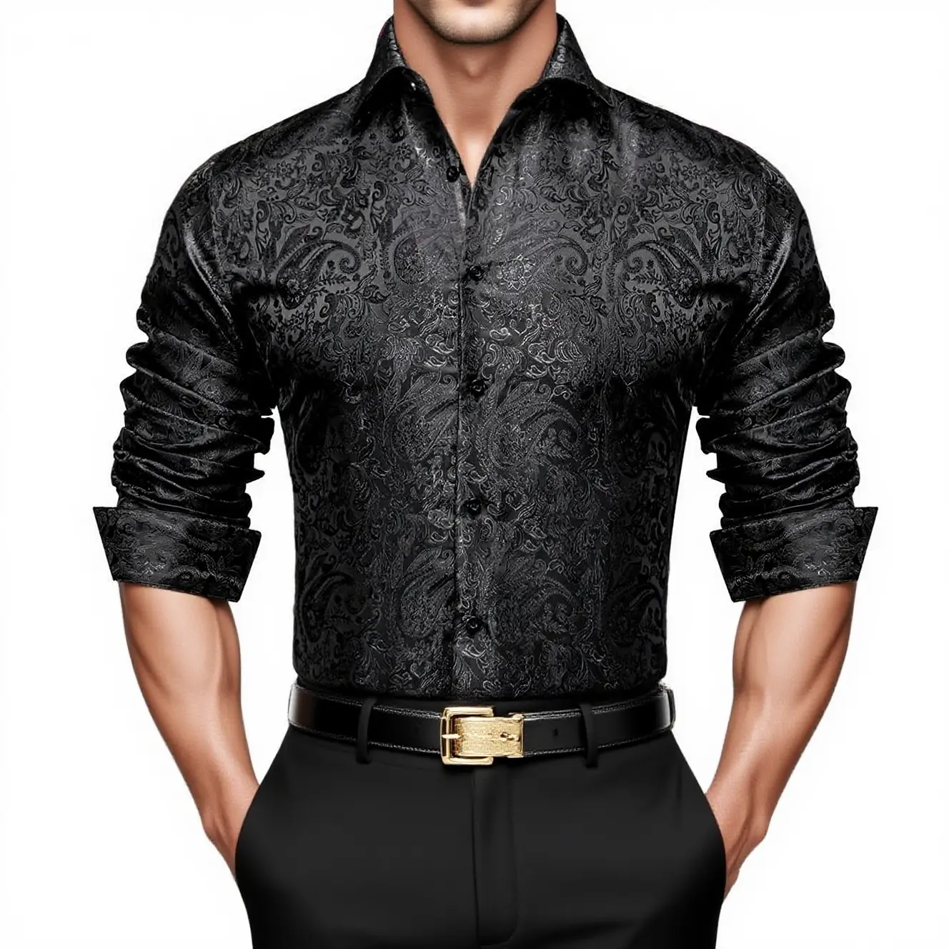 Men's Paisley Dress Shirt Long Sleeve Wrinkle Free Button Down Cowboy Shirts - Black