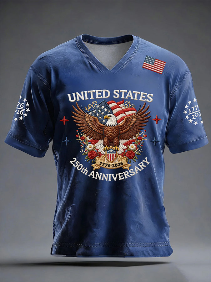 Men'S American Independence Day 250Th Anniversary Printed Short Sleeved V-Neck T-Shirt