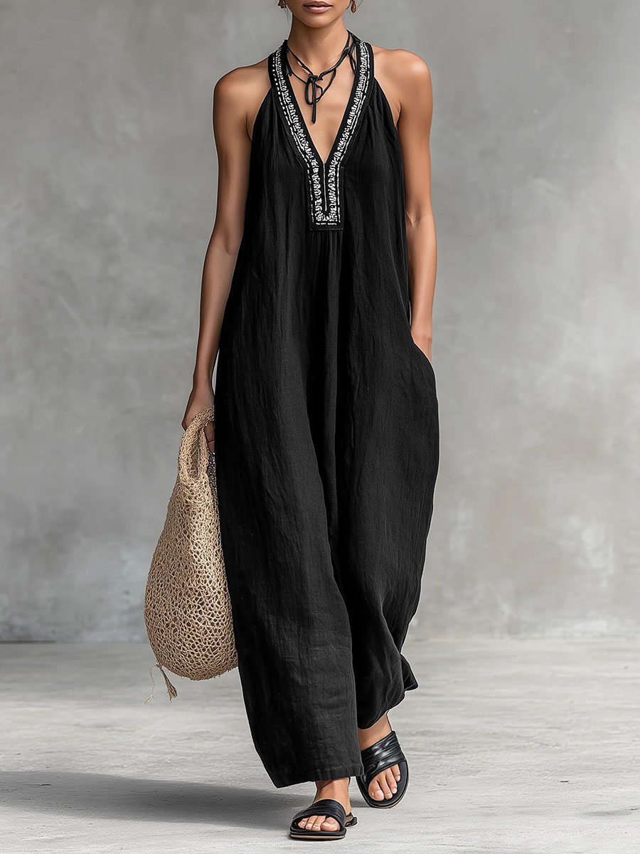 Women's Solid Color V-Neck Halter Neck Sleeveless Casual Loose Cotton Linen Wide-Leg Jumpsuit
