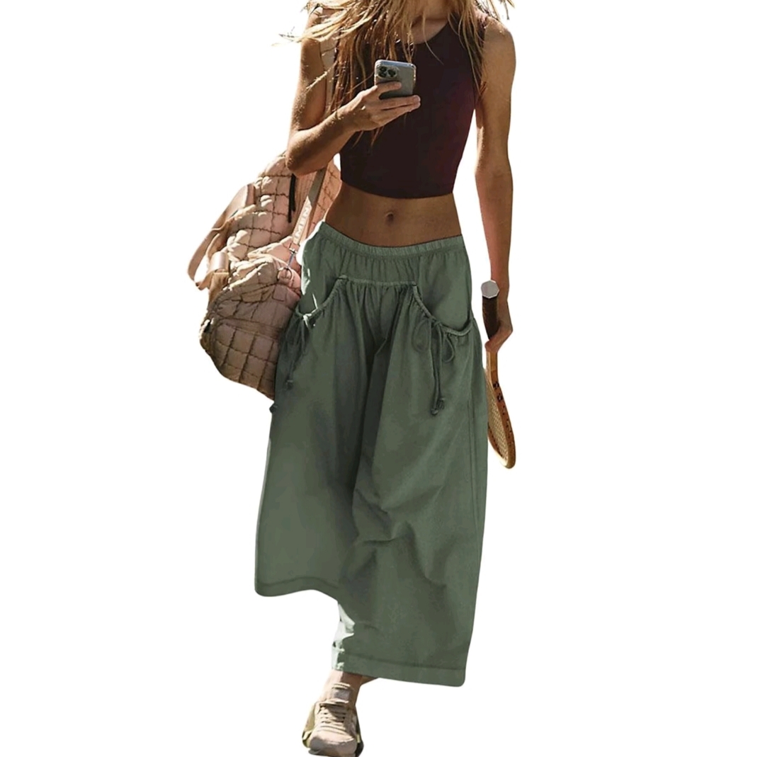 Women’s Loose Fit Wide Leg Track Pants – Elastic Waist Capris with Drawstring & Pockets for Hiking & Daily Wear