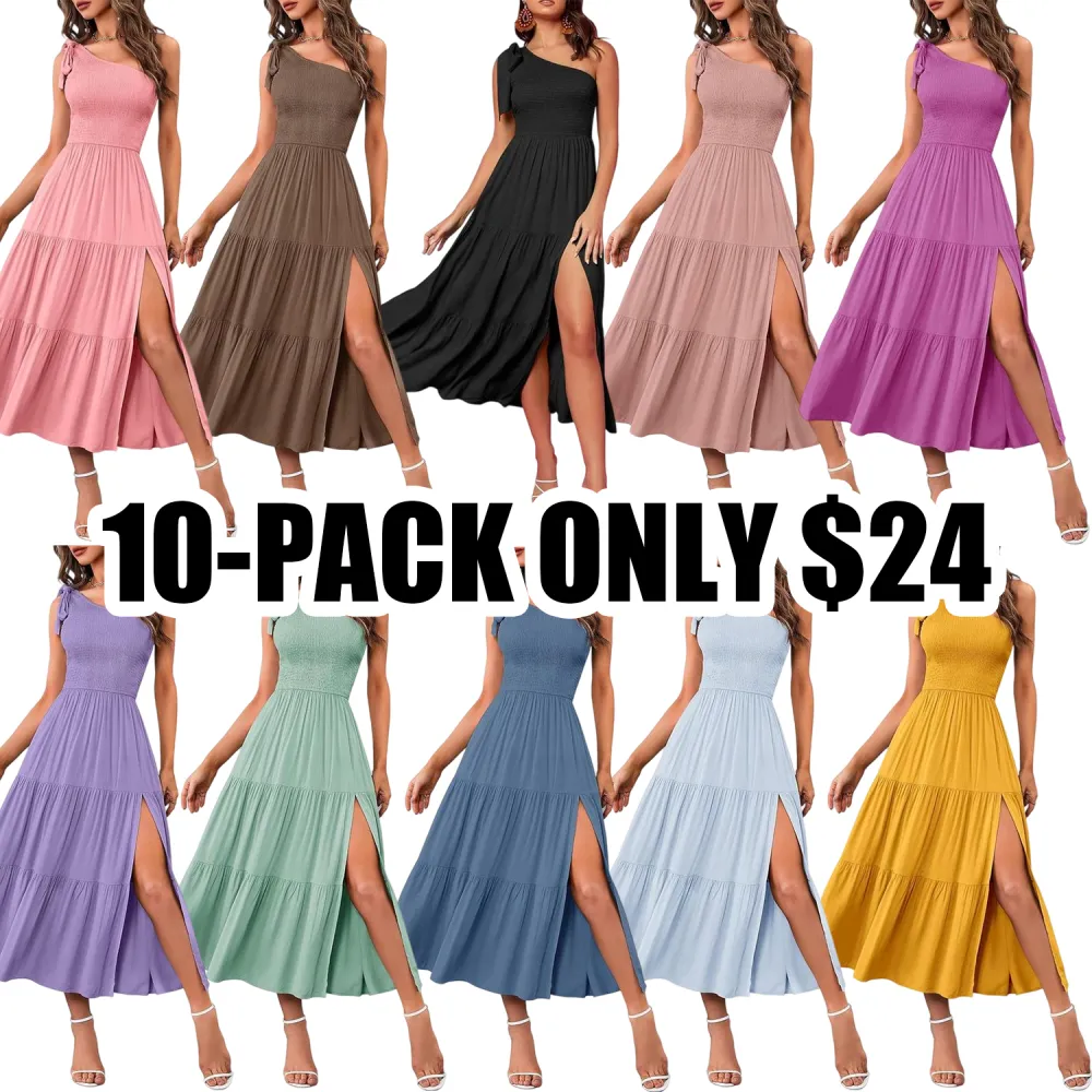 Women's One-Shoulder Smocked Midi Dress – Summer Sleeveless Knot Design with Tiered Flowy Skirt & Side Slit