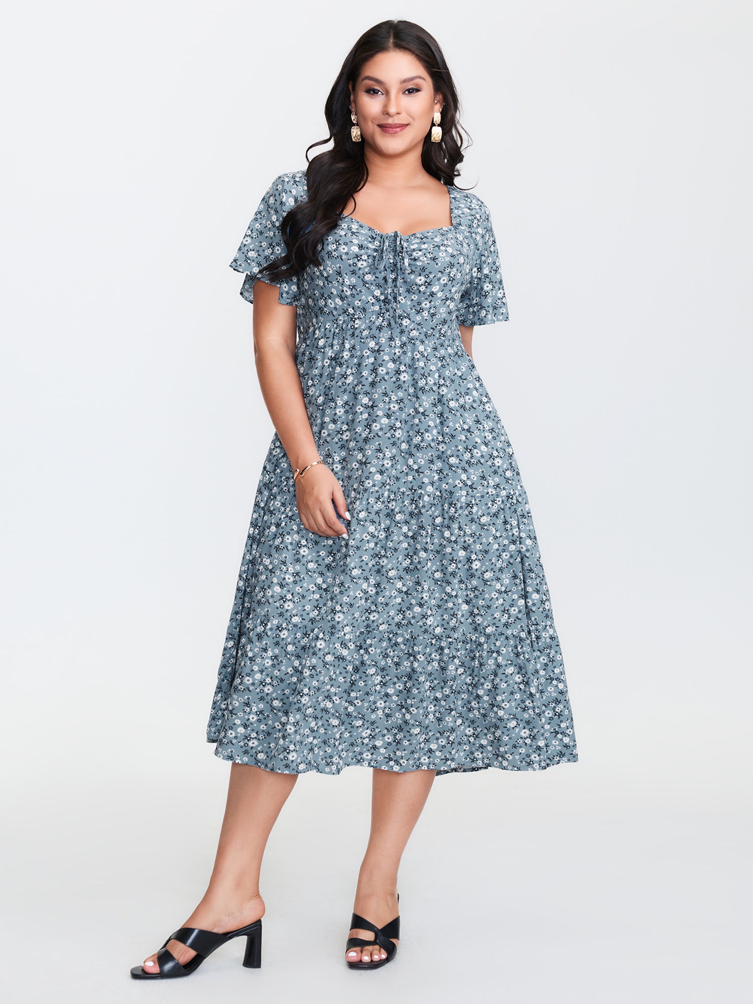 Ditsy Floral Sweetheart Drawstring Pocket Tiered Dress