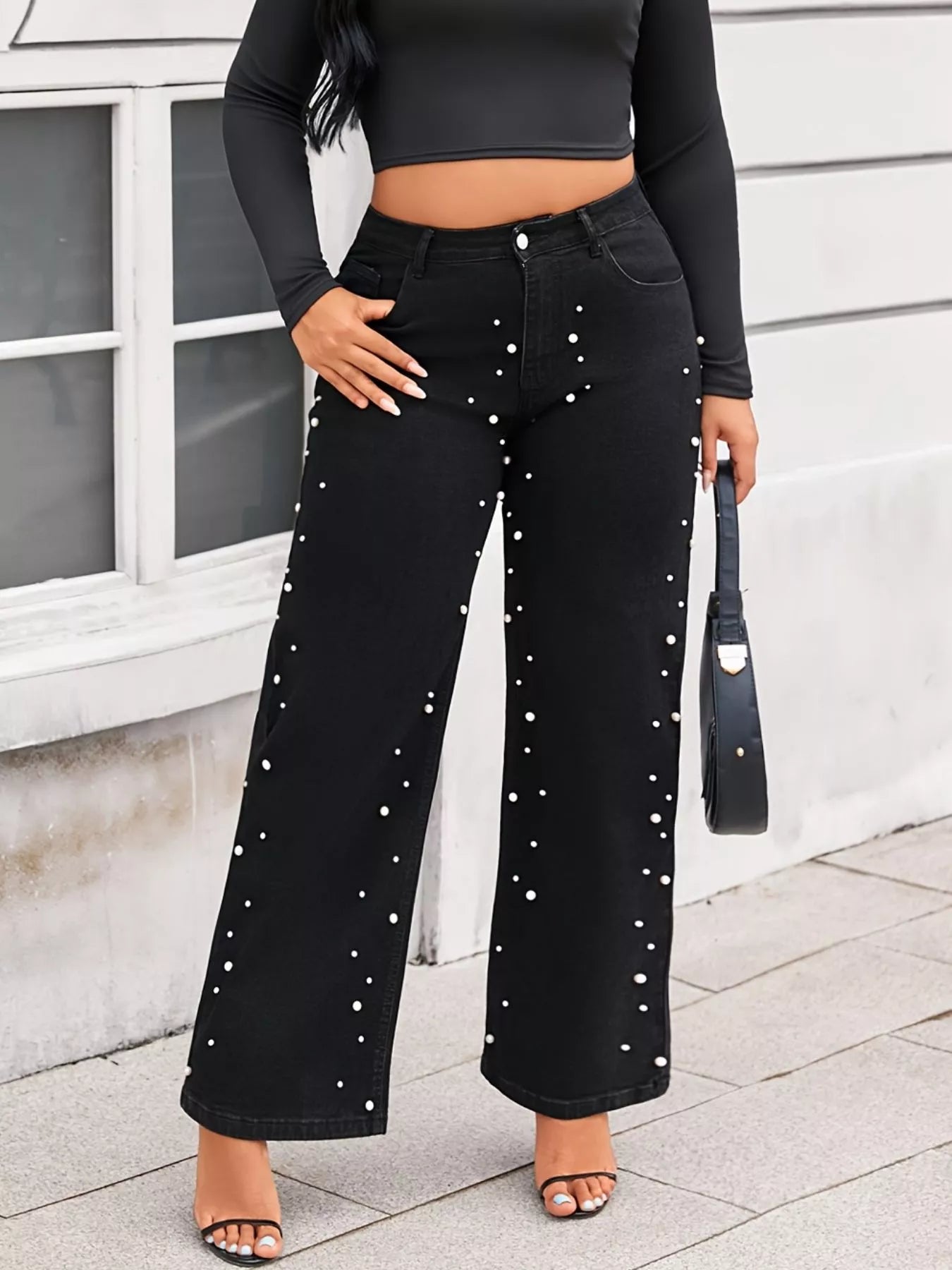 Plus Size Pearl Embellished Wide Leg Jeans