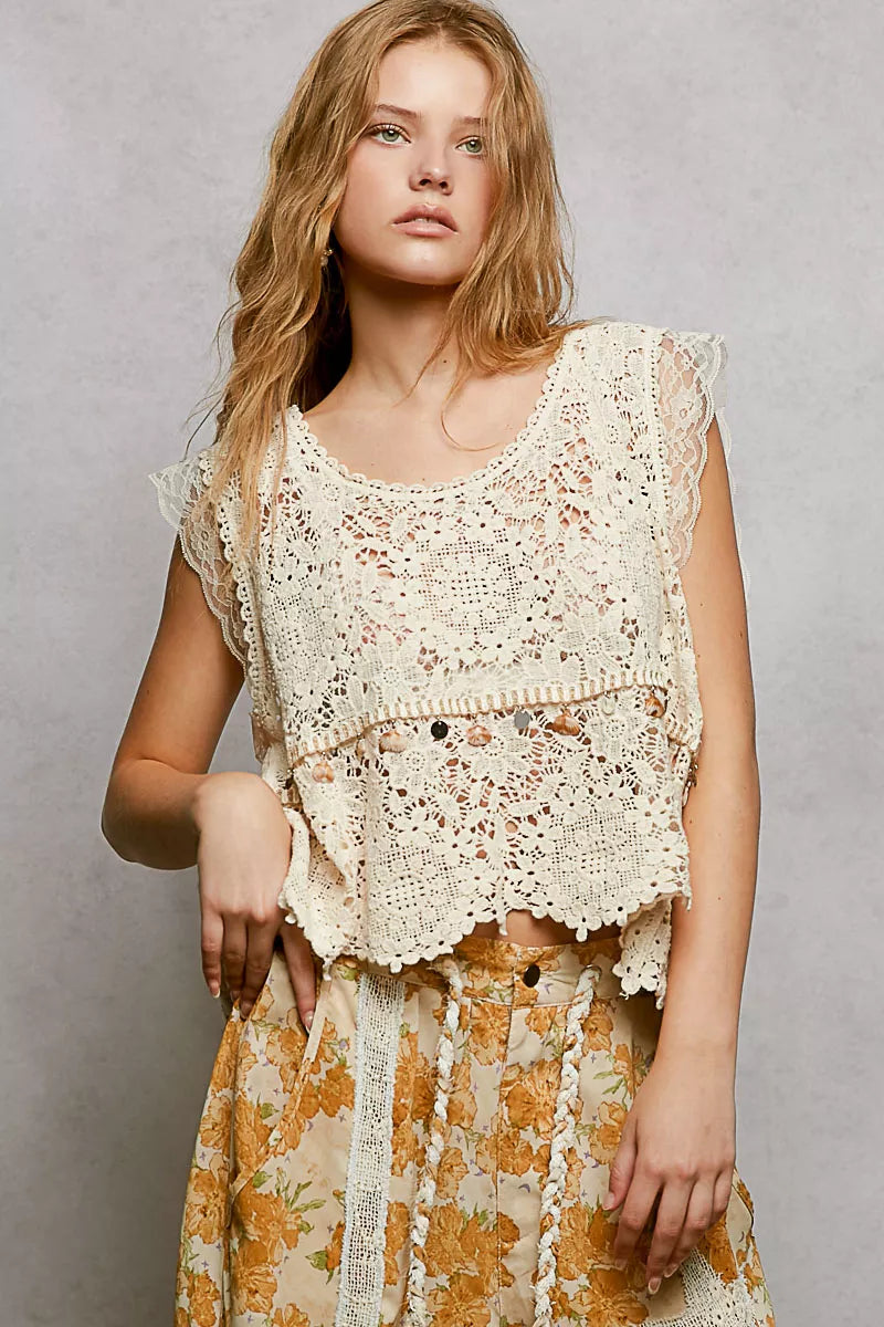 POL Lace Trim Openwork V-Neck Crochet Tank with Scalloped Edge