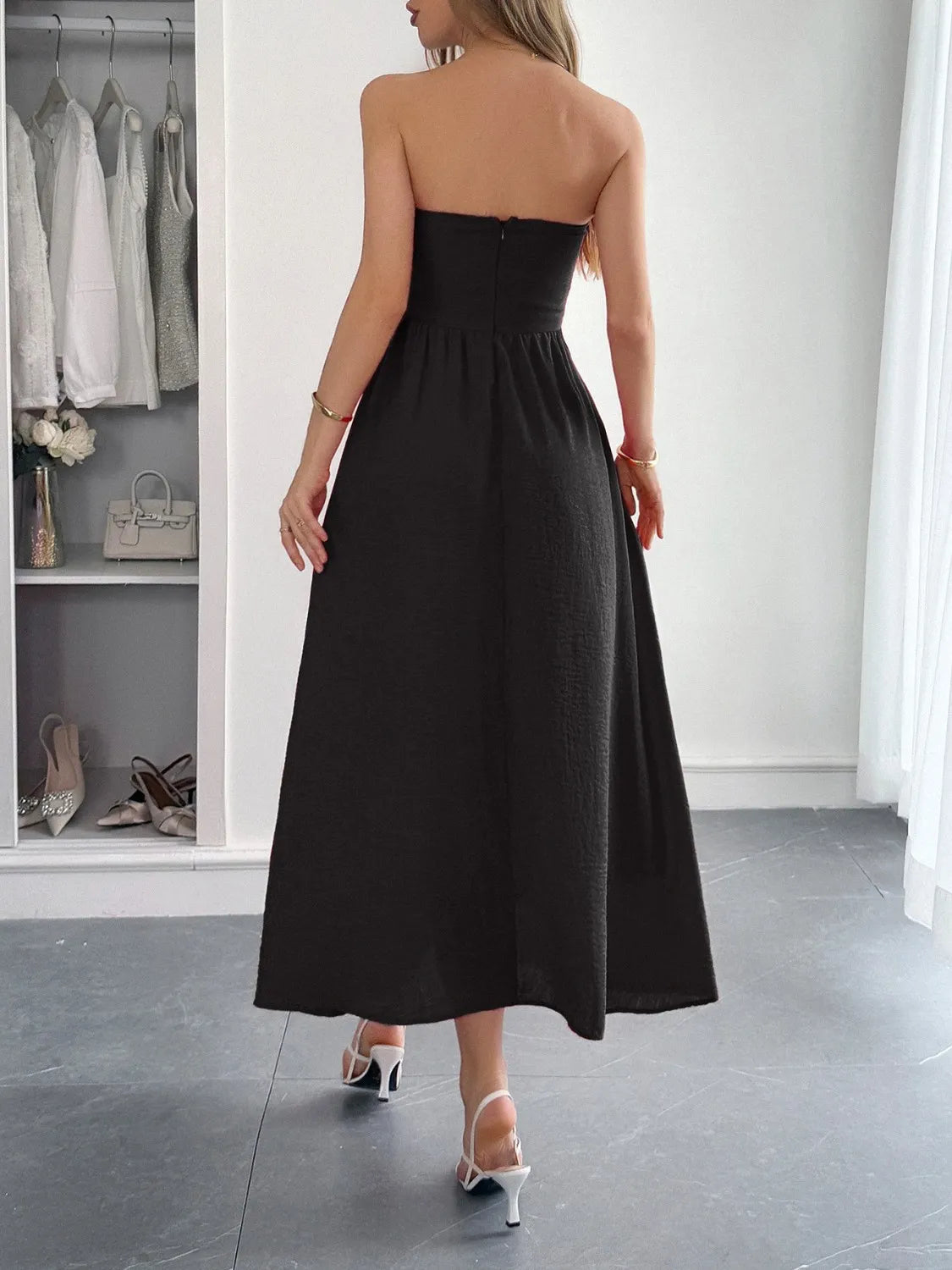 Strapless A-Line Midi Dress with Pockets