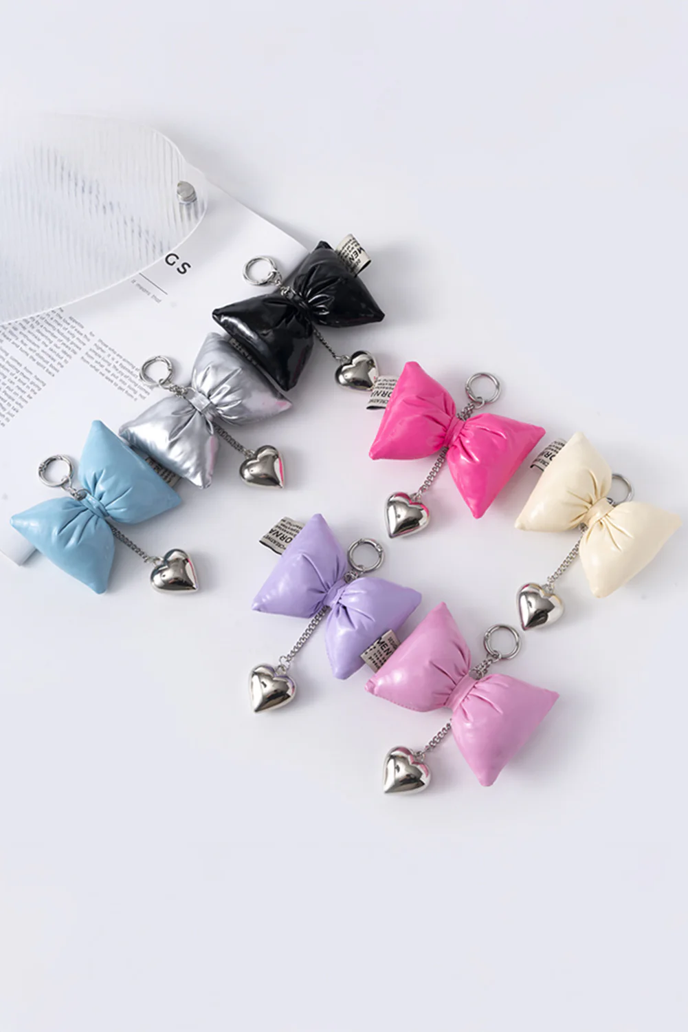 Bright Pink Sweet PU Leather Bow Knot Heart Keychain