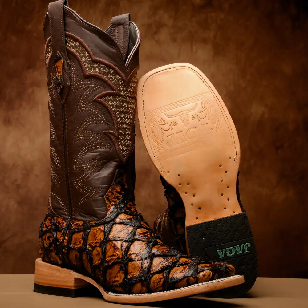 Honey Cognac Jumbo Pirarucu Leather Boots - Square Toe