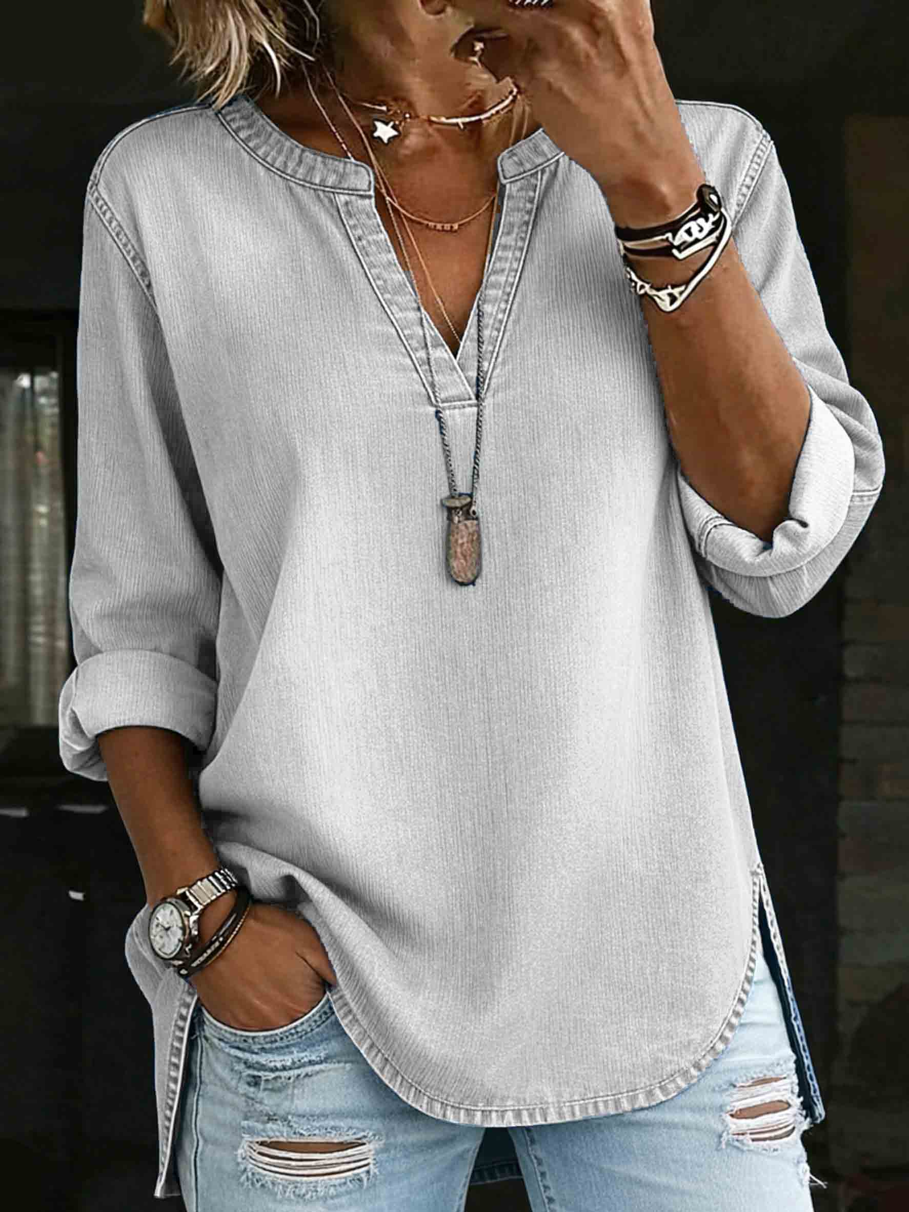 Women's Denim V-neck Henley Long-sleeved Shirt