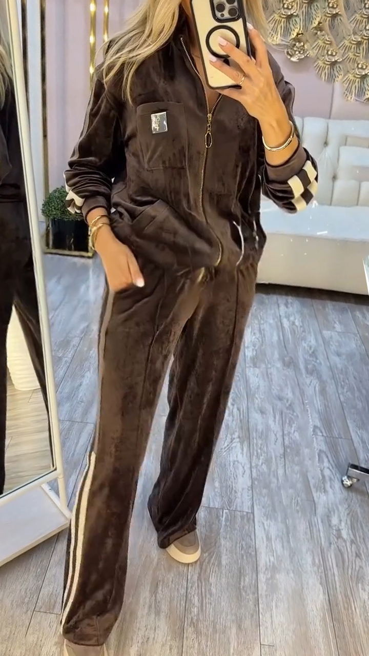 Women Lapel Zipper Vertical Stripe Jacket + Pants Casual Suit