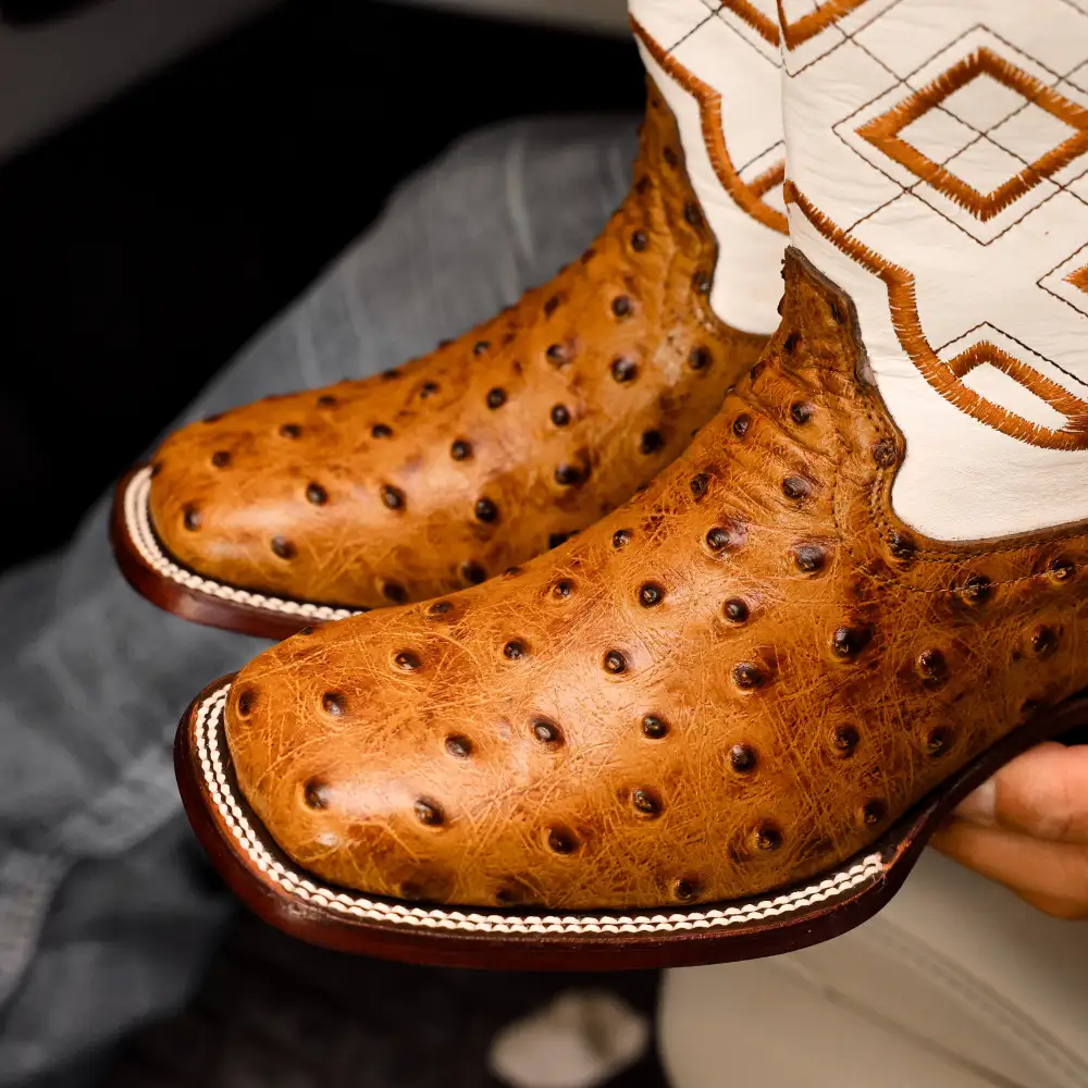 Honey Ostrich Leather Boots - Square Toe