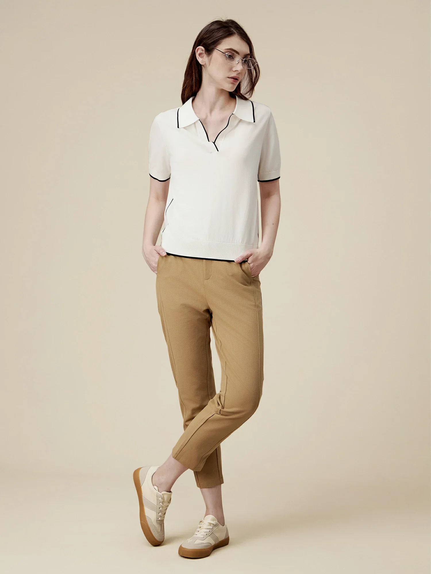 Lyocell Contrast Knit Blouse Top