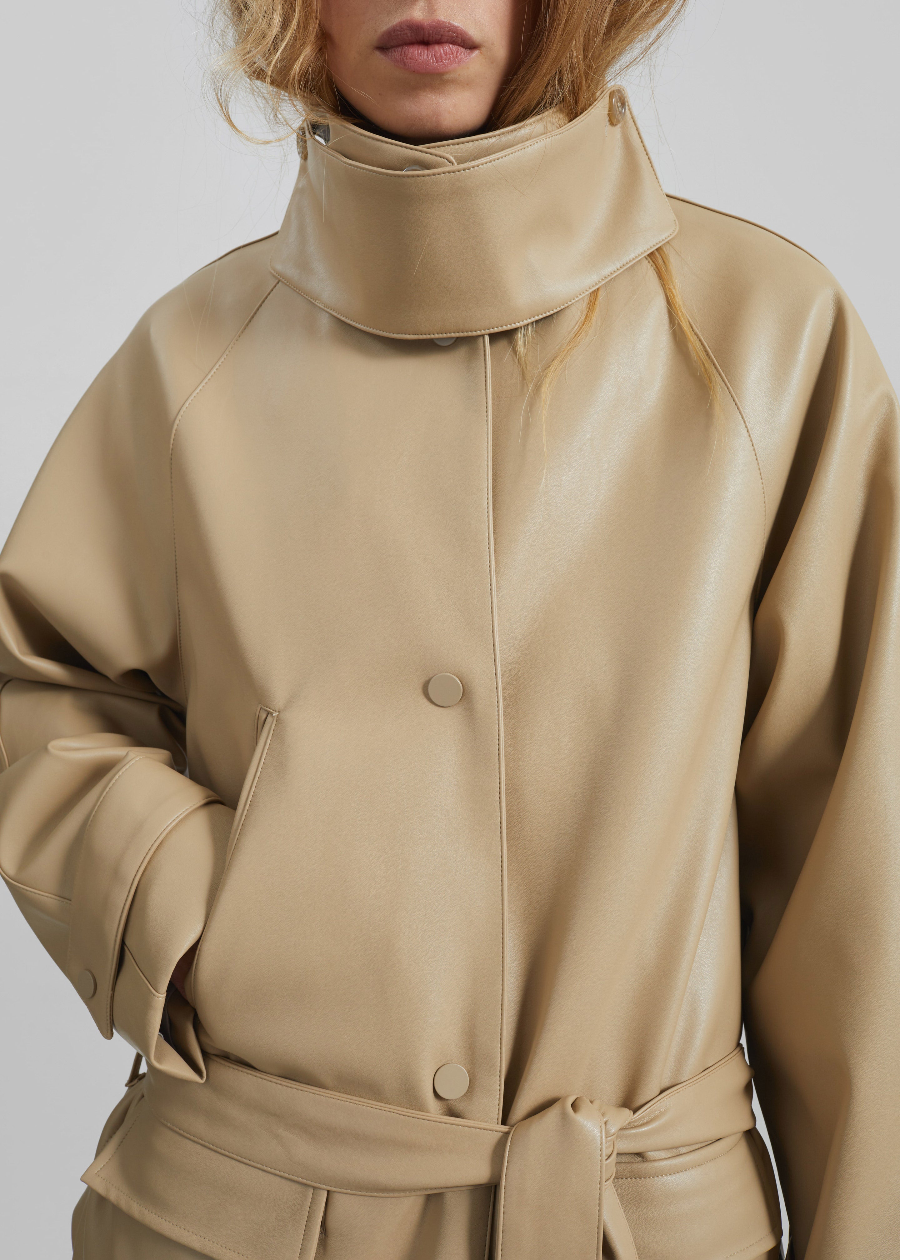 Viran Faux Leather Belted Jacket - Beige