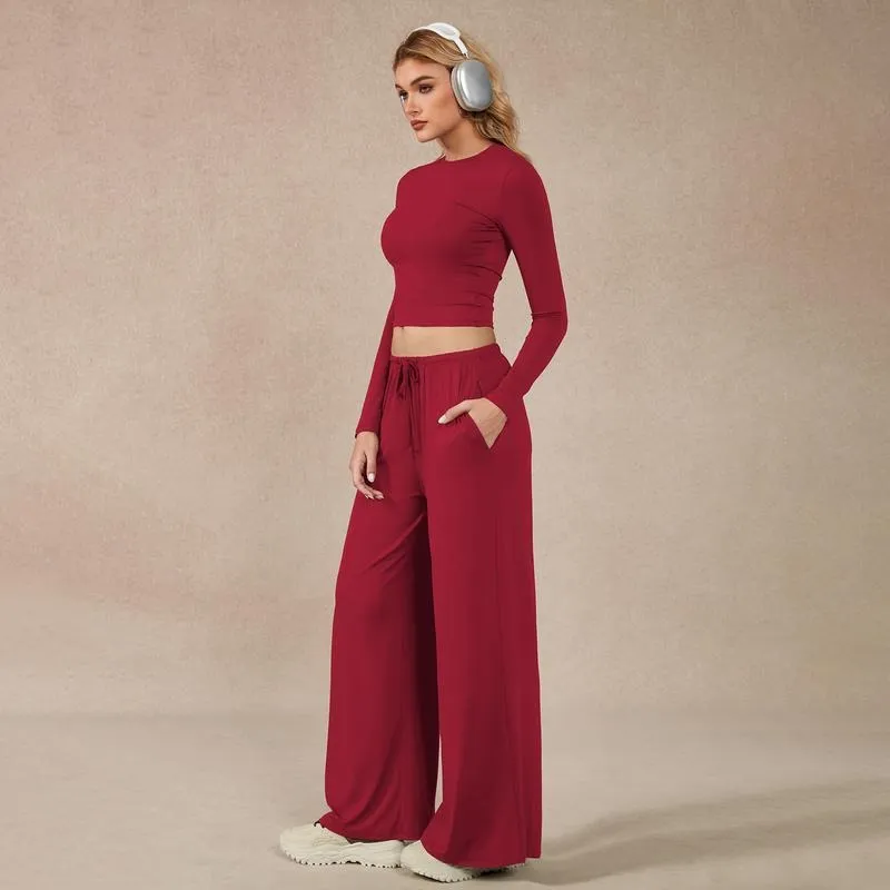Women's 2-Piece Activewear Set Long-Sleeve Crop Top & Wide-Leg Pants Stretchy Fabric