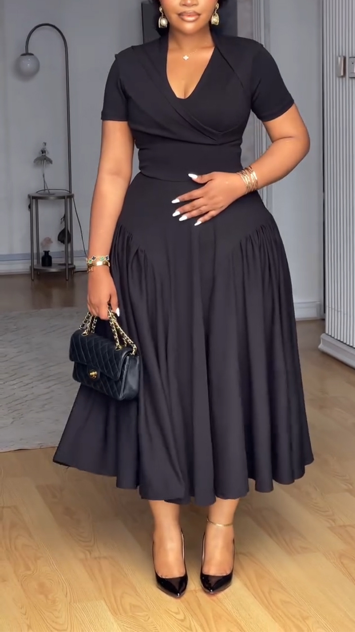 Women V-neck Solid Color Elegant Casual Dress