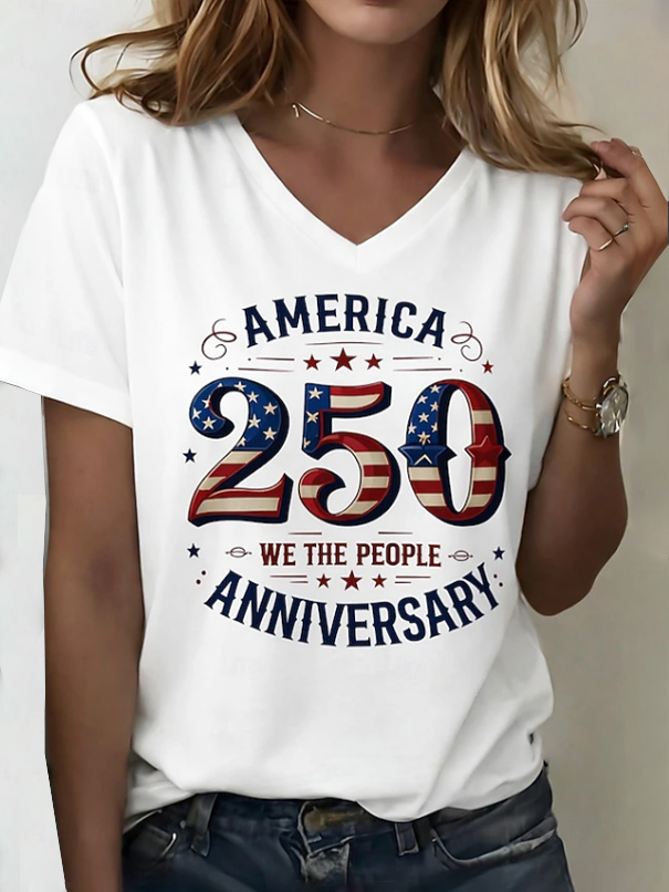 Women's Short Sleeve T-shirt Summer White Text Letters Printing V Neck Holiday Going Out Vintage Top