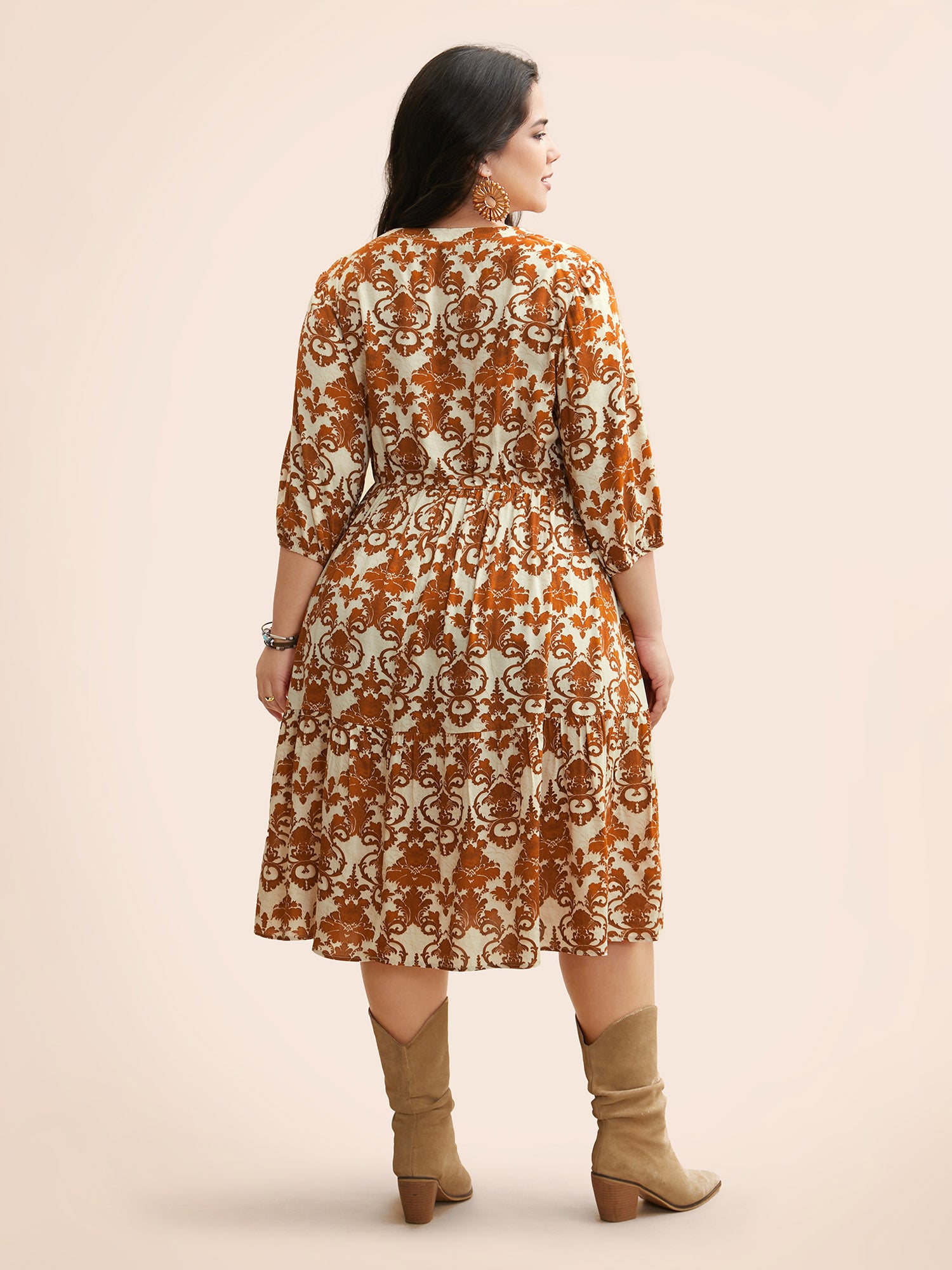 Damask Print Tie Knot Puff Sleeve Dress