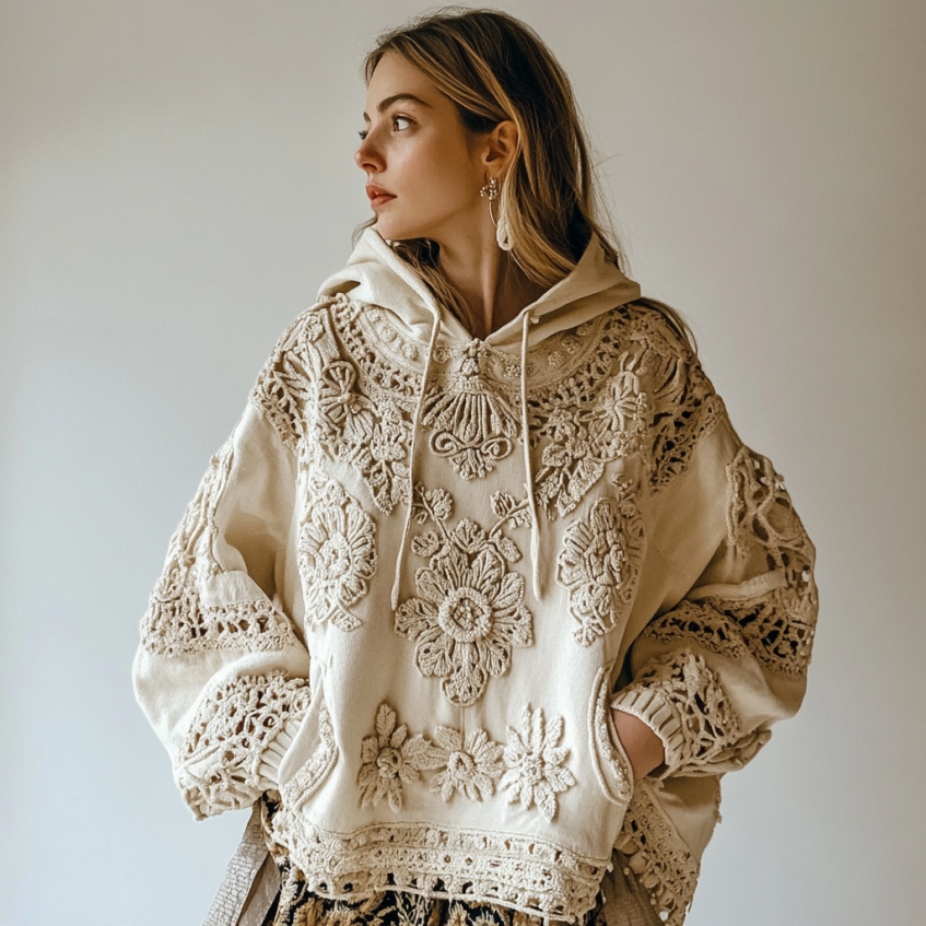 Women's Floral Embroidery Art Casual Cozy Hoodie