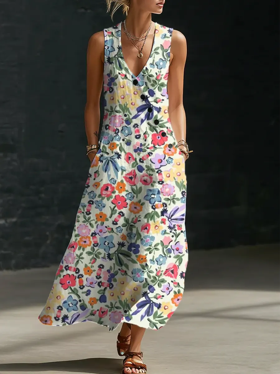 Women's Floral Pattern Art Print Casual Cotton Linen Dress