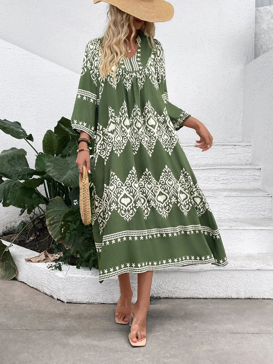 Printed Notched Midi Dress with Pockets