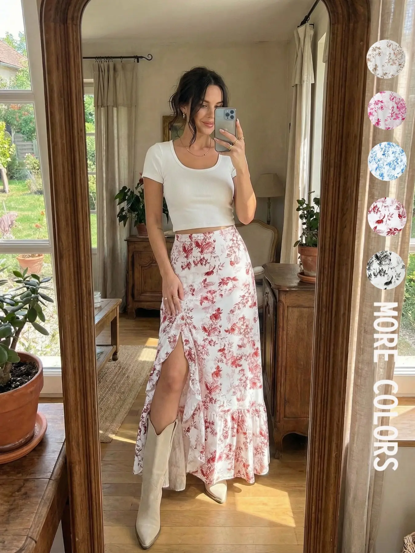 Bohemian Elegant Floral Print Irregular Ruffle A-Line Midi Skirt