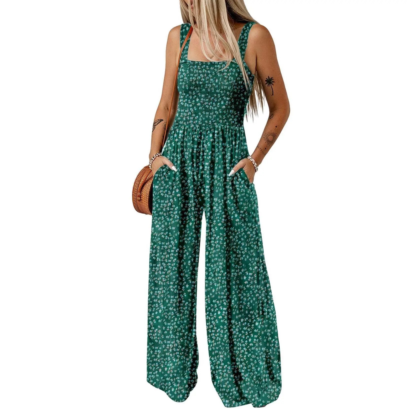 Women's Casual Loose Overalls Jumpsuits One Piece Sleeveless Printed Wide Leg Long Pant Rompers With Pockets