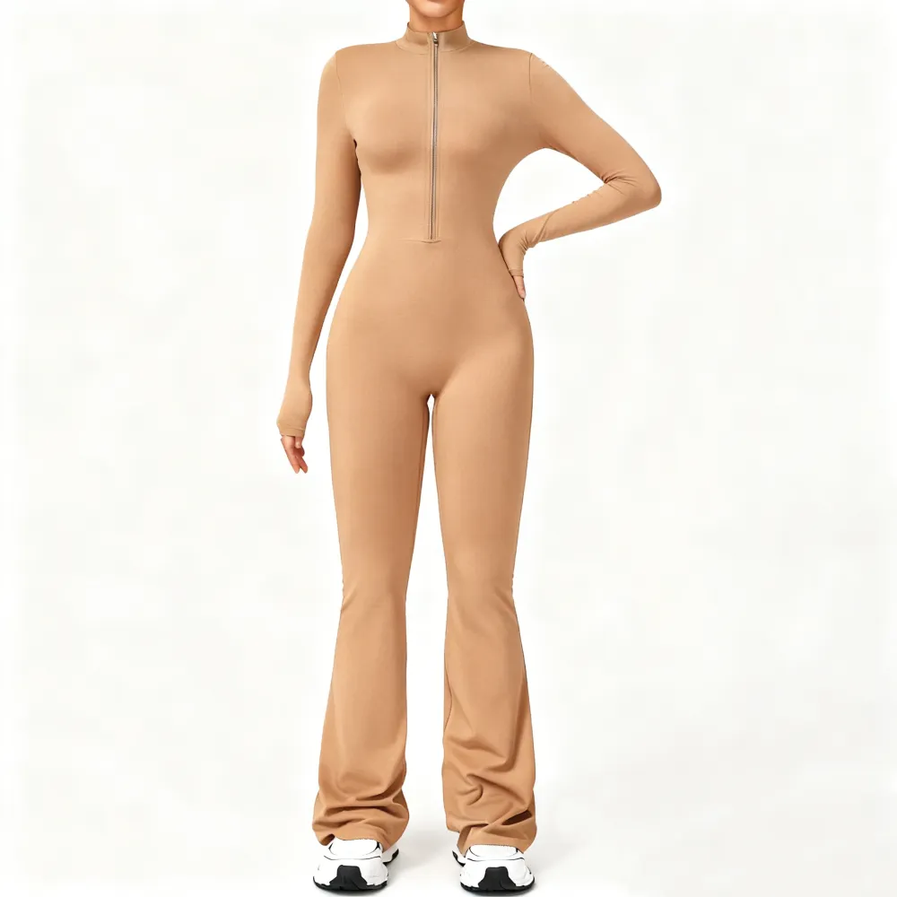 Women's Long Sleeve Flared Sports Jumpsuit - Zipper Jumpsuit