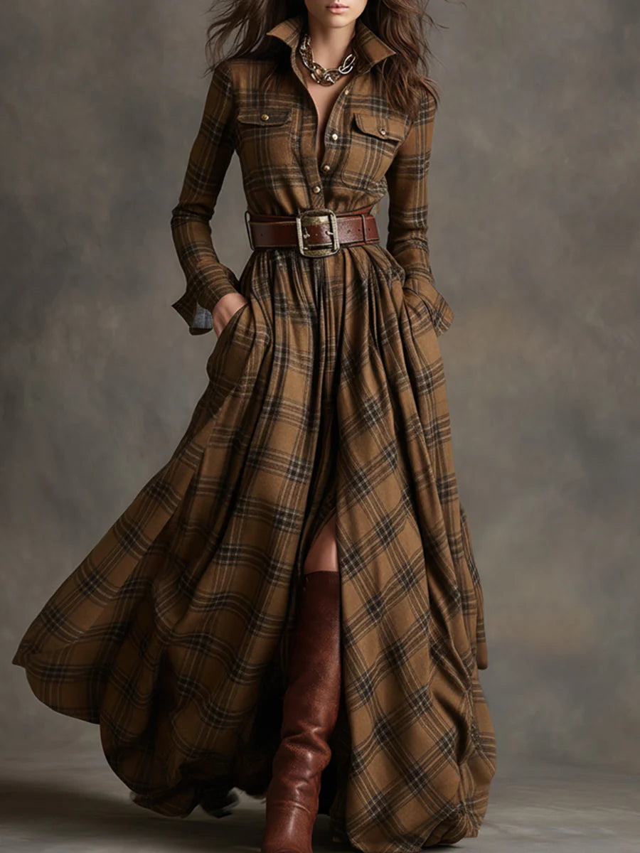 Retro lapel reddish brown plaid maxi dress