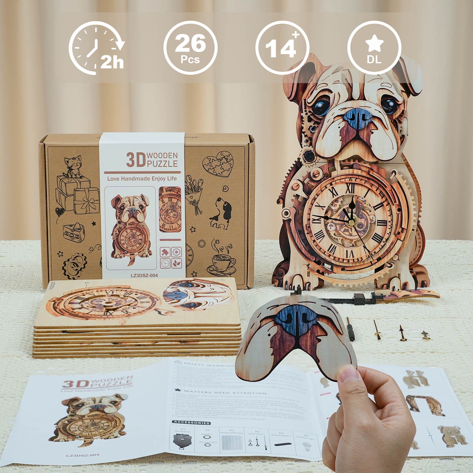 Bulldog – DIY Wooden Clock, 3D Puzzle Craft Kit