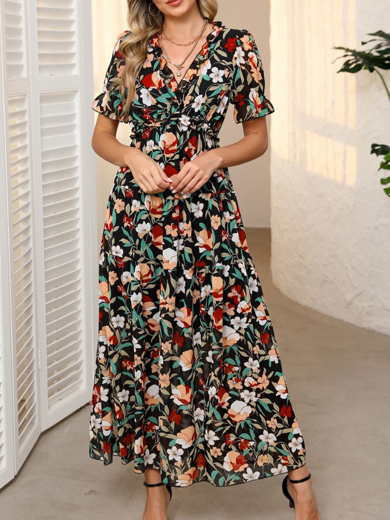 Floral Print Frilled V Neck Short Sleeve Maxi Dress