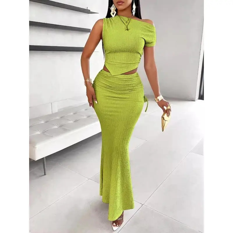 Women's Solid Asymmetrical Neck Hanky Hem Crop Tee & Ruched Drawstring Mermaid Skirt Set, Elegant Fashion Casual Outfits for Daily Outdoor Wear, Ladies Clothes for Summer